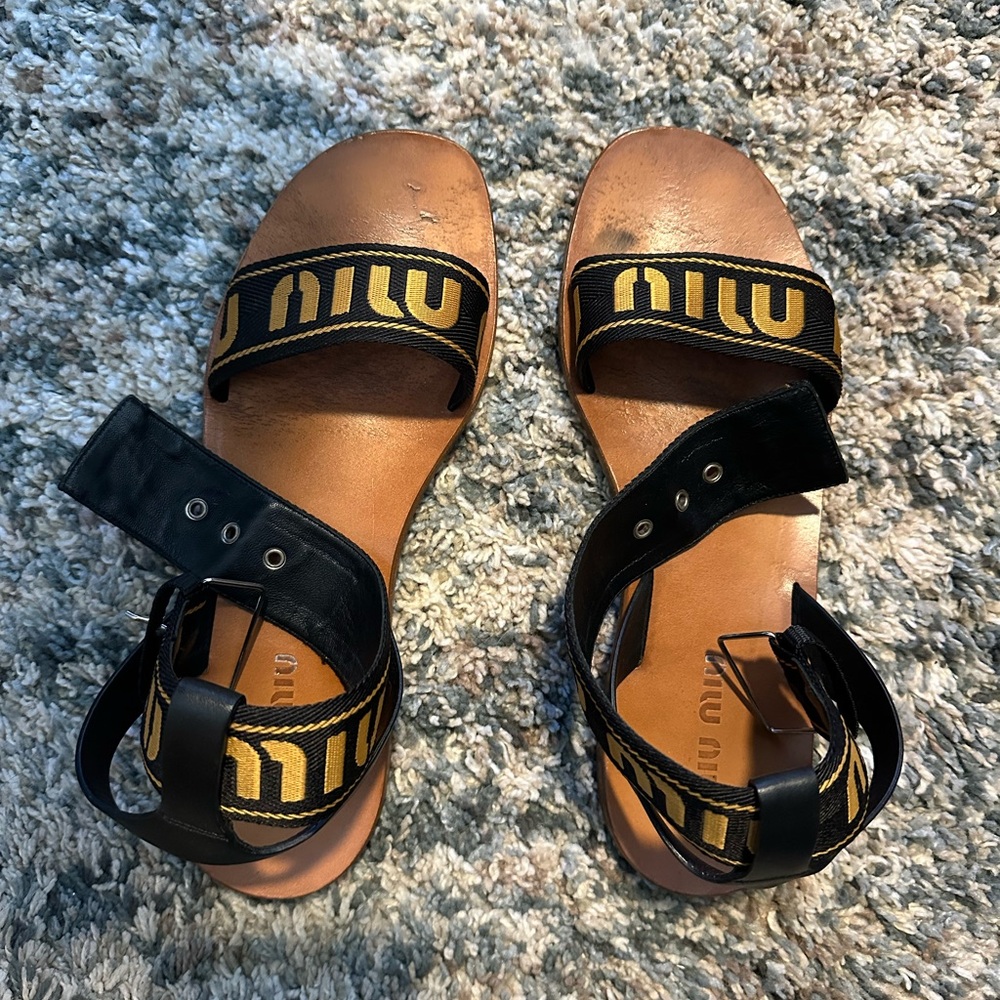 Miu Miu Black and Gold Logo Strap Tan Leather Sandals